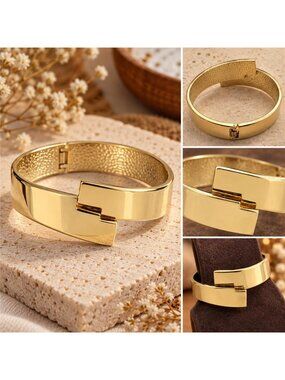 Gold Tone Geometric Bypass Hinged Bangle Bracelet Wide Modernist Statement 6.5"